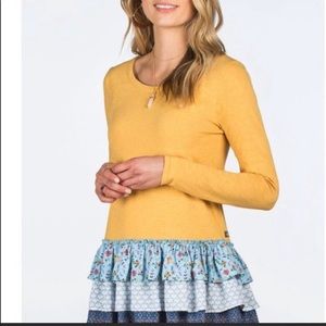 Matilda Jane gently used mustard-colored top with fun ruffles. Size large.